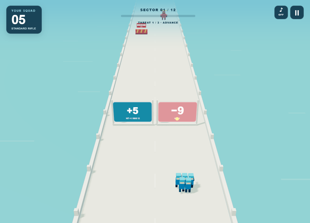 Gate Brigade sector one with five blue troops approaching a plus-five gate and a minus-nine gate that has just been hit by a bullet