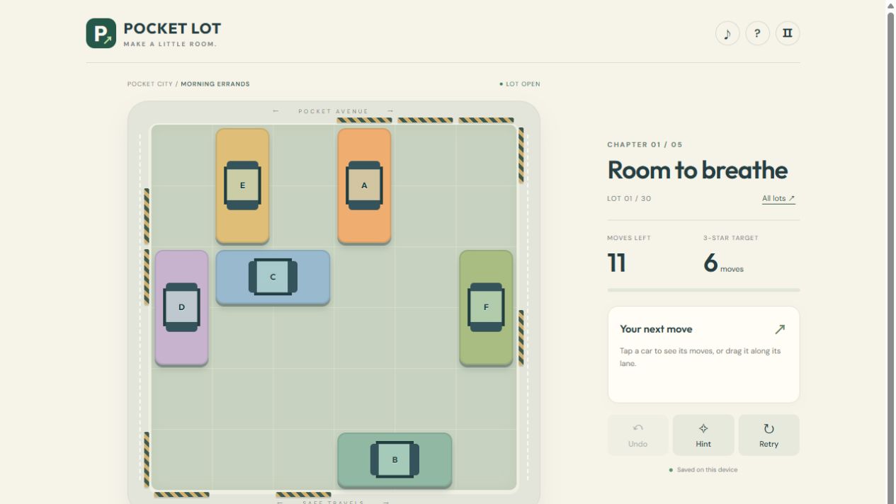 Pocket Lot’s first six-car board, with lettered cars A to F, eleven moves left and a six-move three-star target