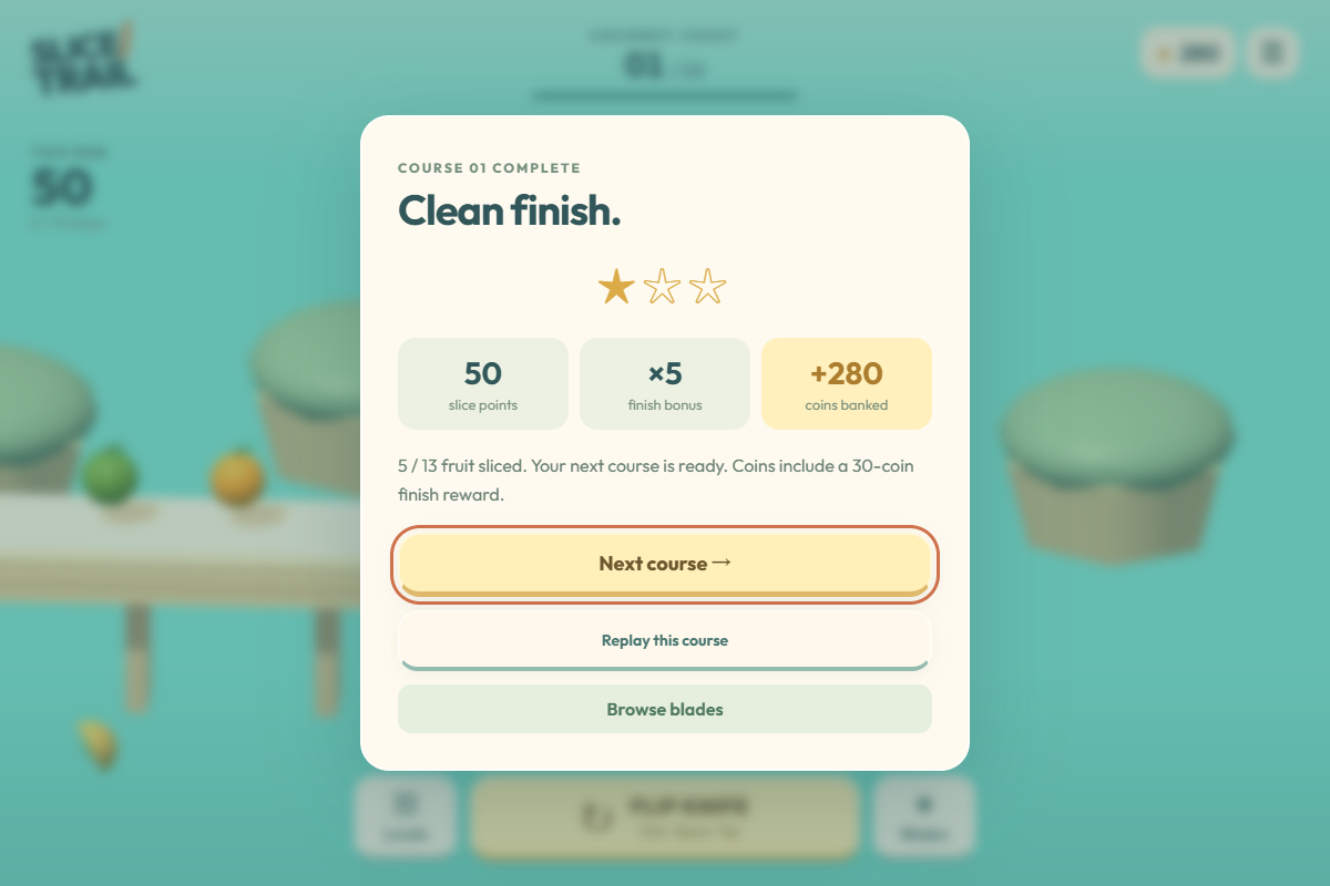 Slice Trail first-course result showing five of thirteen fruit, fifty slice points, a times-five finish and 280 coins with one star