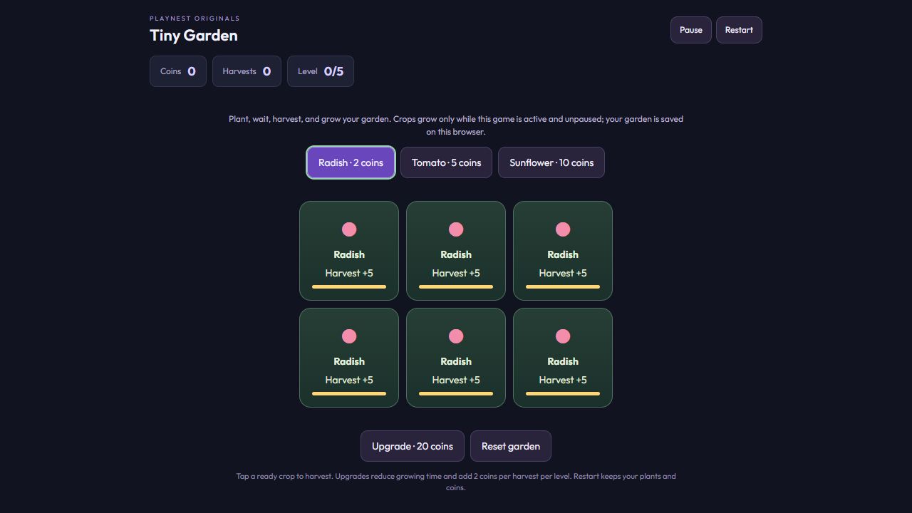 Tiny Garden with six ready radishes offering five coins each, zero coins remaining and the first upgrade priced at twenty coins