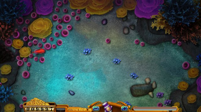 Fish swimming across a blue seabed above a cannon and gold coin counter in Fish Joy