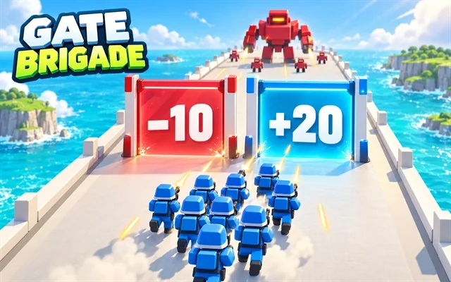Illustrated Gate Brigade cover with blue troops facing red minus 10 and blue plus 20 gates, with a red robot boss ahead