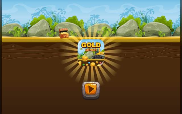 Gold Miner title over a yellow digging machine, gold nuggets and gems