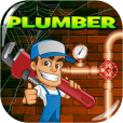 Cartoon plumber holding a red wrench beside copper pipes and a valve
