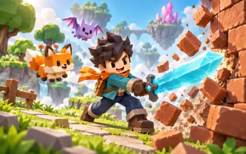 Illustrated blocky hero with a cyan sword breaking a brick wall, accompanied by an orange fox and a lavender bat on a floating island