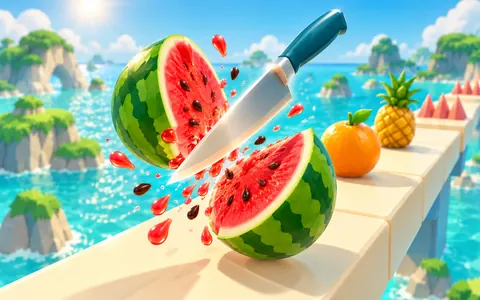 A teal-handled silver knife slicing a watermelon above a cream coastal platform, with oranges, a pineapple and pink spikes ahead