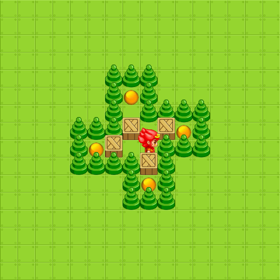Original game board with wooden boxes, round goals, green trees and a red character